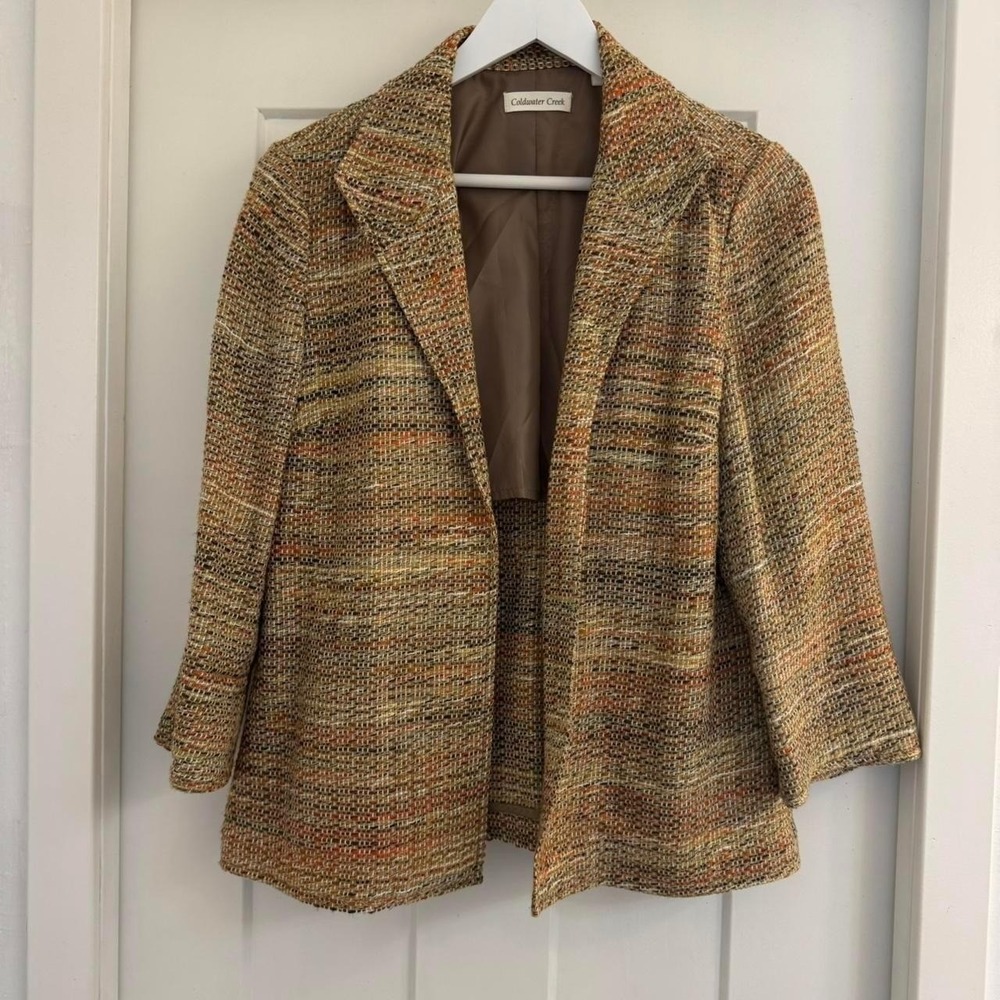 Coldwater Creek Womens Multi Color Tweed Open Front Blazer Jacket Orange P10